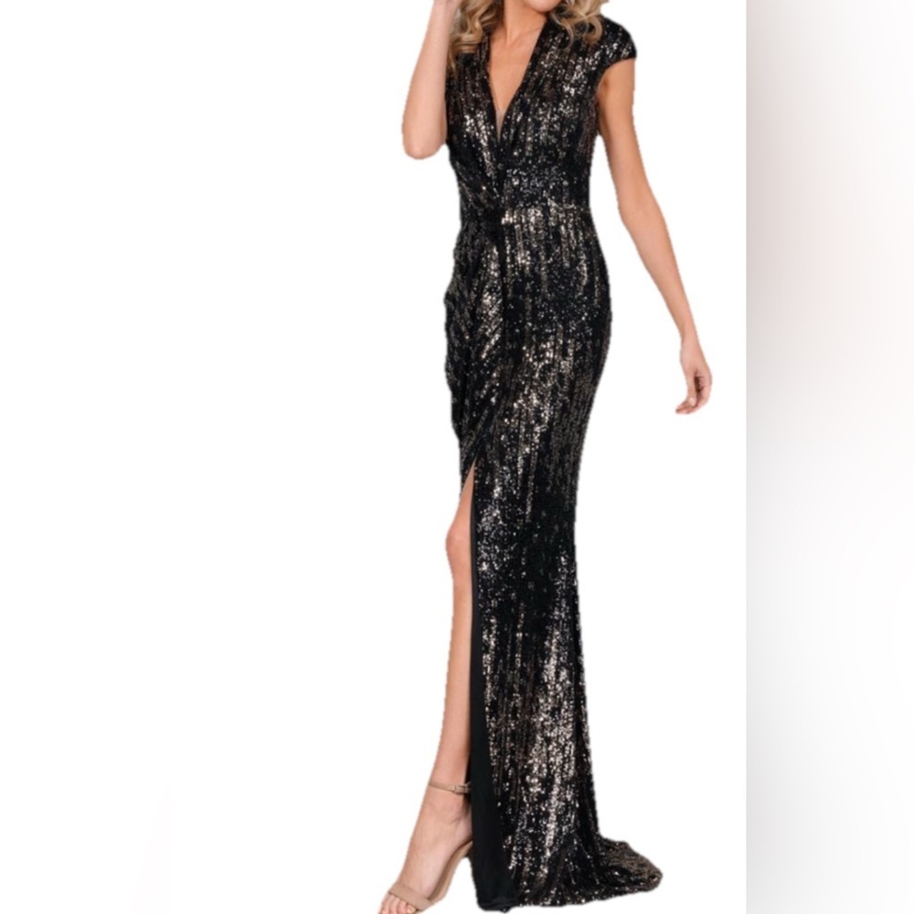 NWT Terani Couture Telio Evening Gown 4 Maxi Dress Black Gold Sequin Prom Event